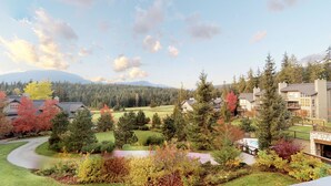 A residential area with houses, a golf course, and a mountain in the background. - 3BR | Blackcomb Greens | Wood Burning Fireplace | Complex Hot Tub | Parking | Mountain Views (Whistler)