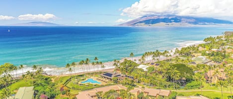 A coastal resort with beachfront villas, a swimming pool, and lush greenery.