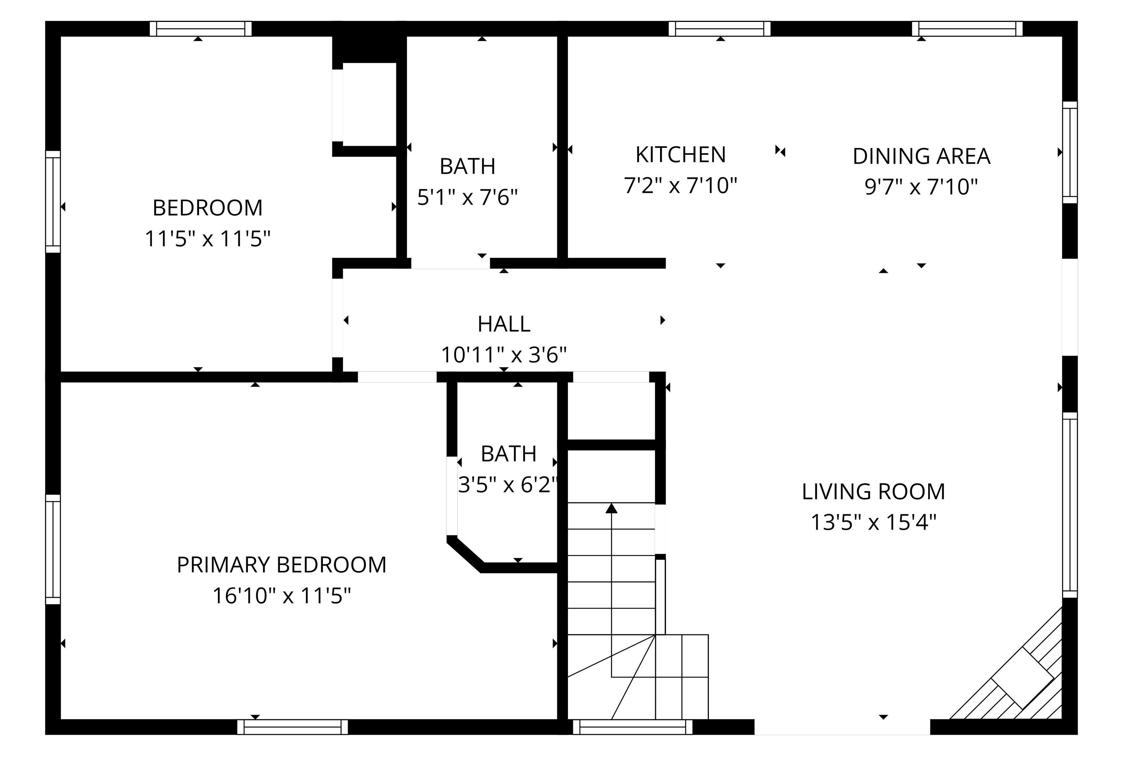 Un plan d’étage comprenant une chambre à coucher de 3,5 m x 3,5 m, une chambre principale de 5,1 m x 3,5 m, une cuisine de 2,2 m x 2,4 m, un coin repas de 3 m x 2,4 m, un salon de 4,1 m x 4,7 m, un hall d’entrée de 3,3 m x 1,1 m, et deux salles de bain de 1,5 m x 2,3 m et 1,1 m x 1,9 m.