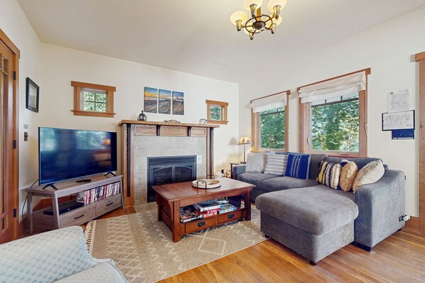 TV, fireplace, DVD player, books