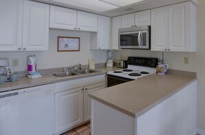 Fridge, microwave, dishwasher, coffee/tea maker