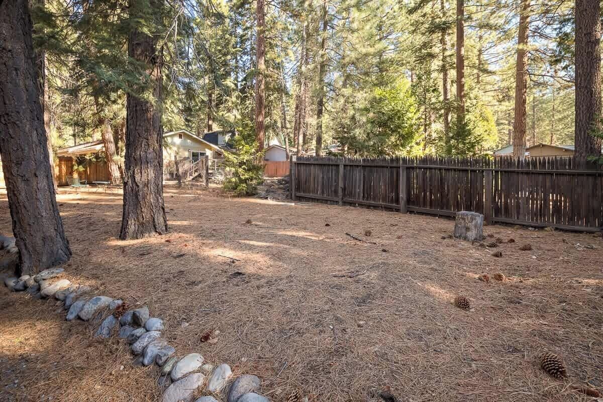 A forested backyard with a wooden fence, a stone wall, and a small shed.
