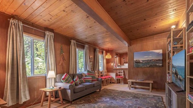 Ein gemütliches Blockhaus-Interieur mit Holzbalkendecke, einer Couch mit bunten Kissen, einem Teppich und einem Gemälde an der Wand.
