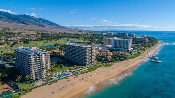 Un hôtel situé sur la côte, composé de plusieurs immeubles de grande hauteur, donnant sur la plage et offrant une vue dégagée sur l’océan.