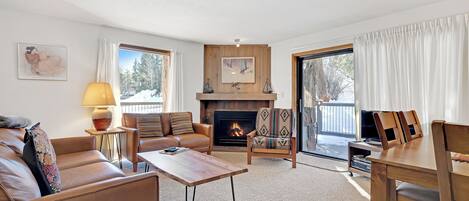 Flat-screen TV, fireplace