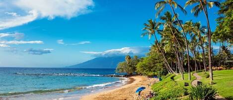 On the beach, sun-loungers, beach towels