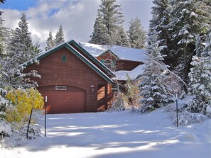 A wooden cabin with a green roof, surrounded by snow-covered trees and a snow-covered driveway.