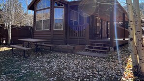 A wooden cabin with large windows, a porch, and a picnic table.