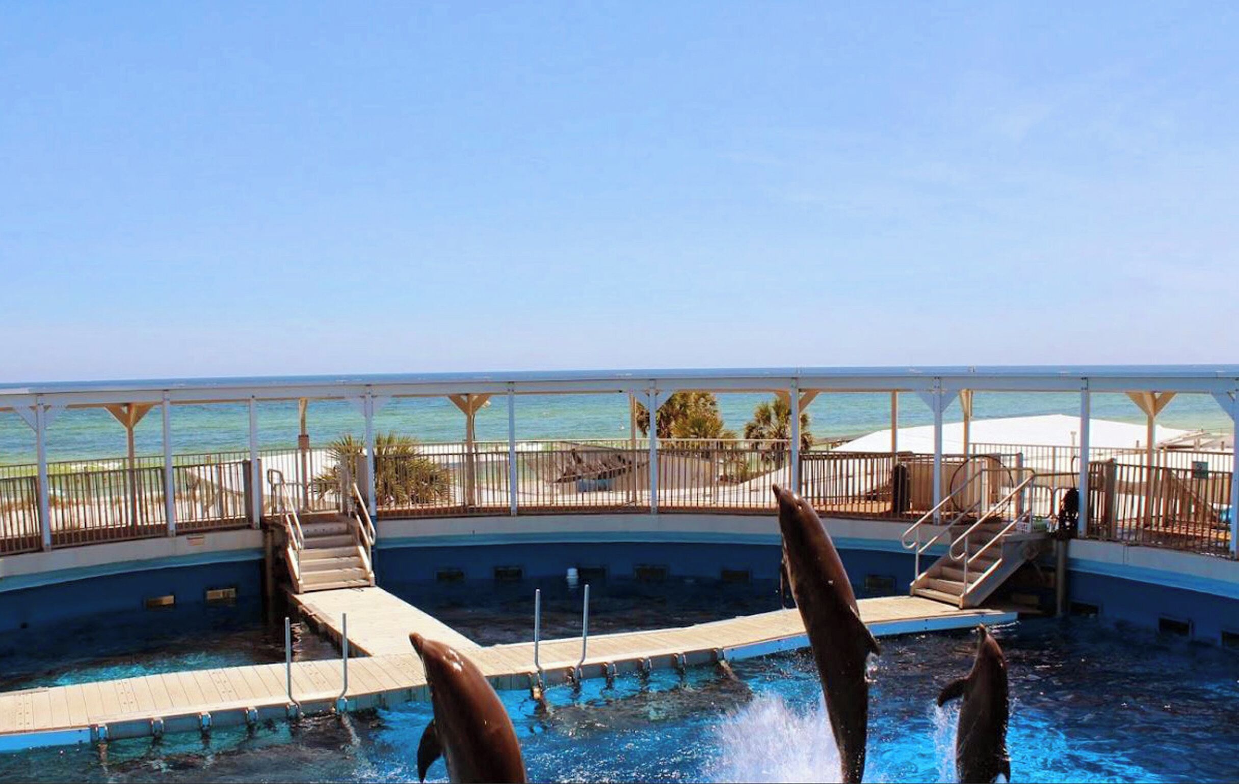 A pool area with a view of the ocean, a deck with a railing, and a lifeguard stand.