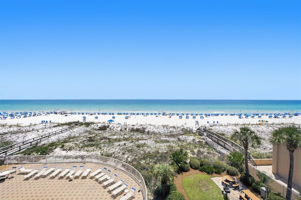 A beach view with a sandy area, palm trees, and a wooden deck with lounge chairs.