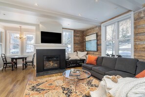 Smart TV, fireplace, DVD player, stereo