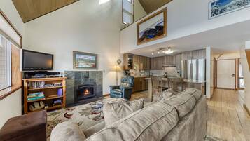 TV, fireplace, DVD player, books