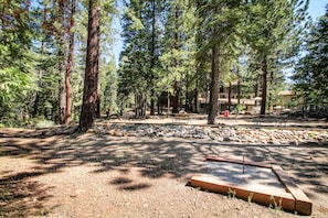 Stroll through a shaded grove, surrounded by tall trees and scenic views, with a pavilion and seating areas nearby.