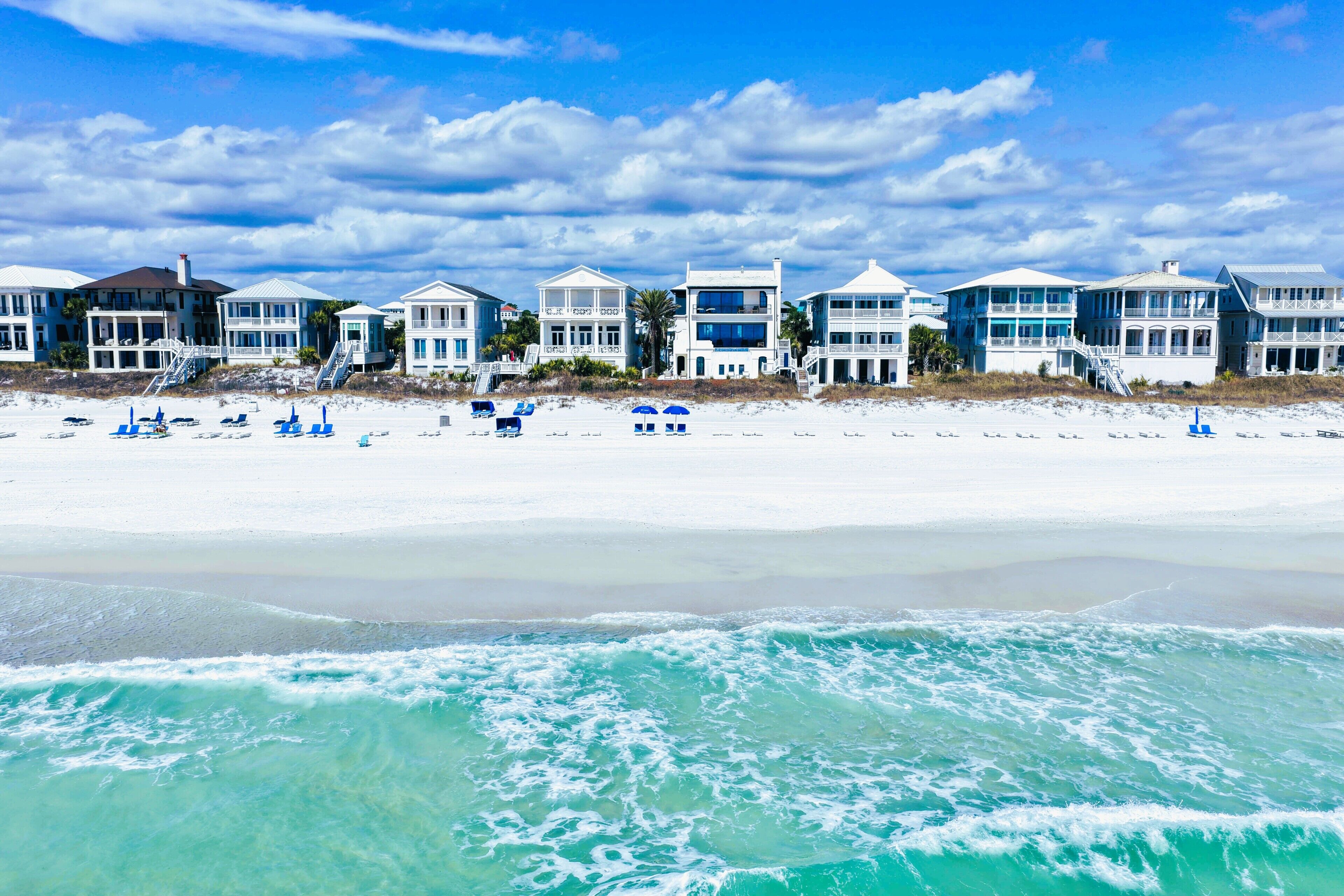 On the beach, sun loungers, beach towels