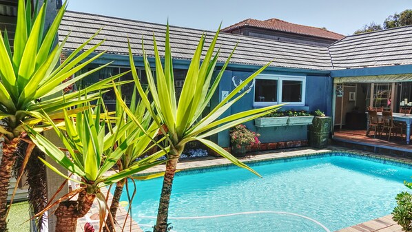 Outdoor pool, pool umbrellas, sun loungers