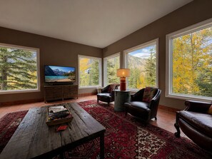 Smart TV, fireplace, video games, foosball