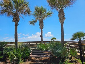 A wooden bench in a garden with palm trees and a wooden fence. - High 5! Mainsail Townhome! Dedicated covered parking Private Beach! FREE beach set up included. (Destin)