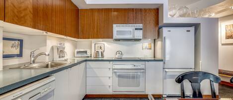 Fridge, microwave, oven, dishwasher