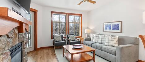 Télévision, cheminée, lecteur de DVD, baby-foot