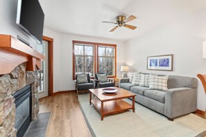 TV, fireplace, DVD player, foosball