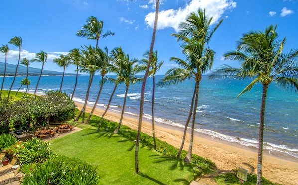 En la playa, sillas reclinables de playa, toallas de playa