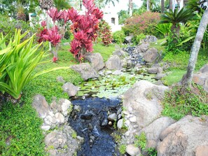 Stroll through a serene garden oasis with a natural water feature, surrounded by lush vegetation and scenic rocks.