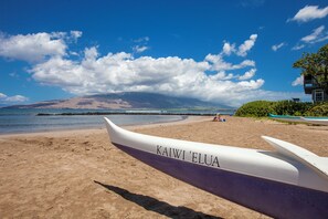 A beach with a canoe labeled 'KAIWI ELUA' and a building with a balcony.