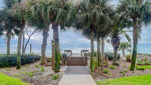 A pathway leading to a covered area with palm trees and a view of the beach.