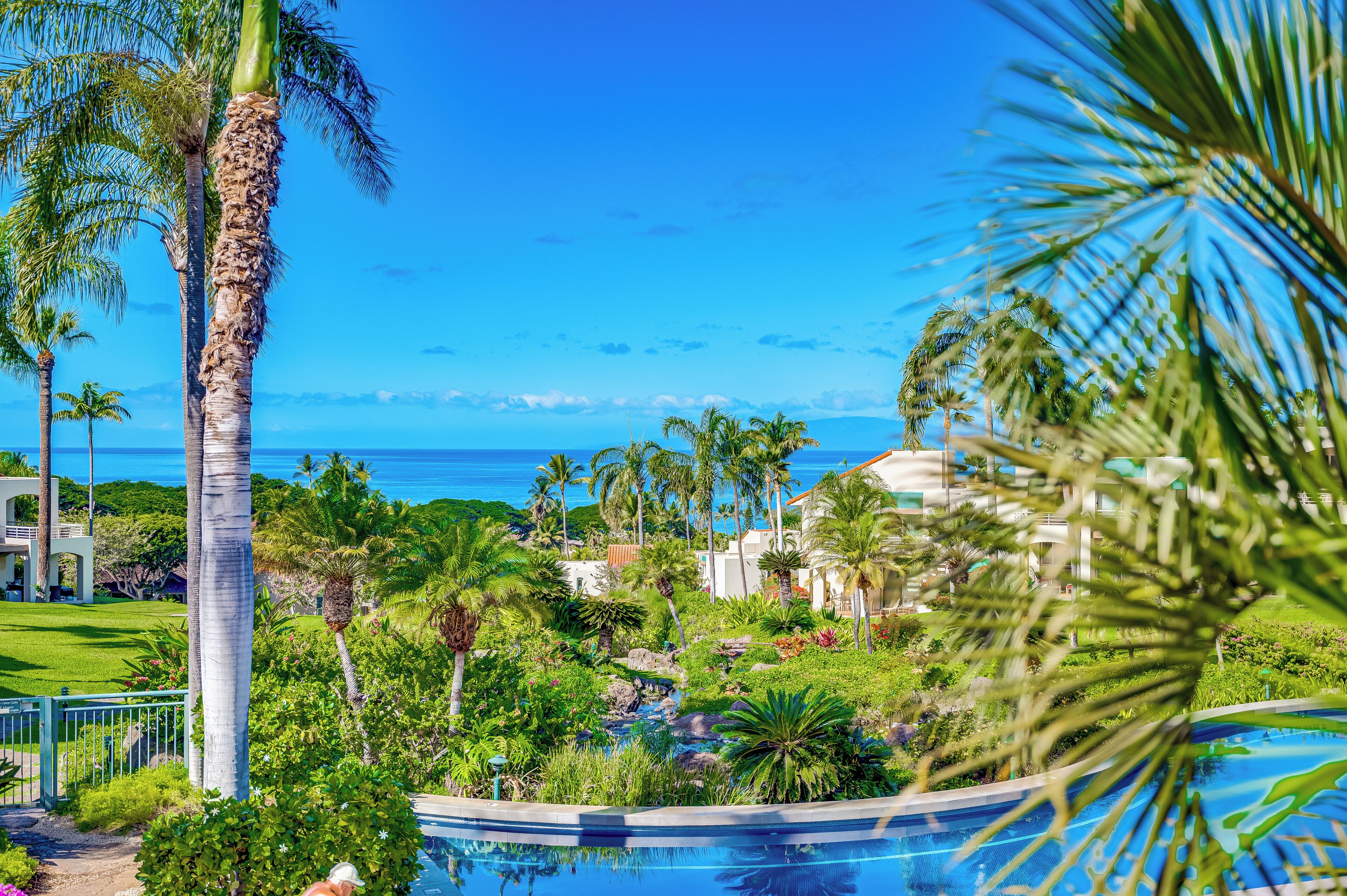 Ein Resort mit Pool, Palmen und Meerblick.