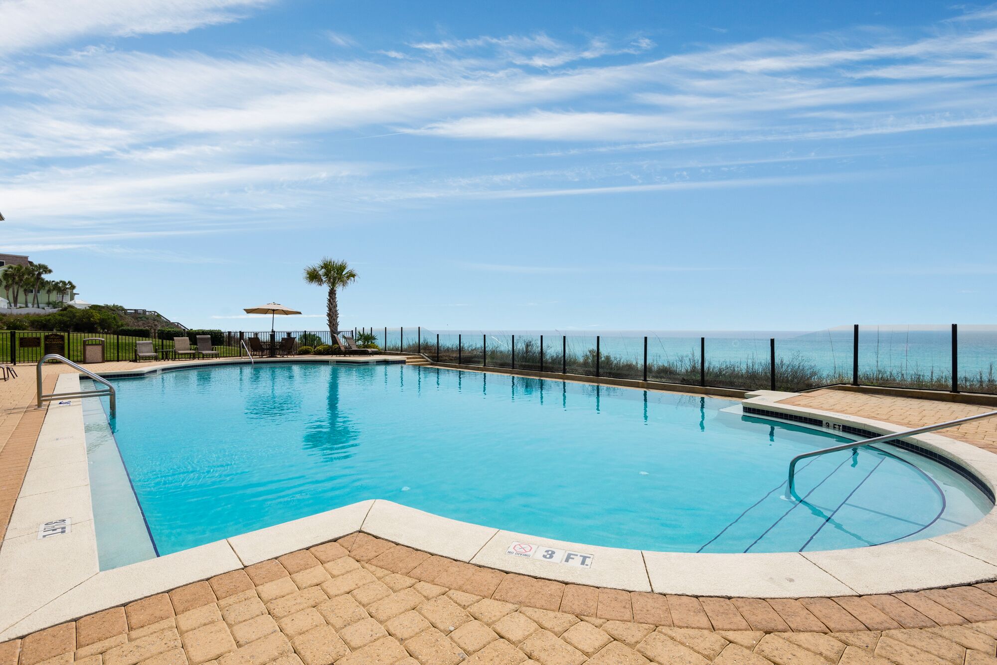 Una piscina con vistas al océano, una palmera y una valla.