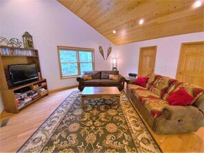 Una televisión, una chimenea, un reproductor de DVD