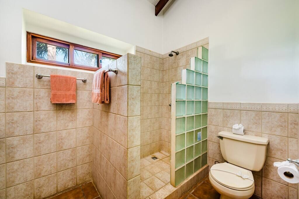 Une salle de bain avec une douche, des toilettes et une fenêtre.