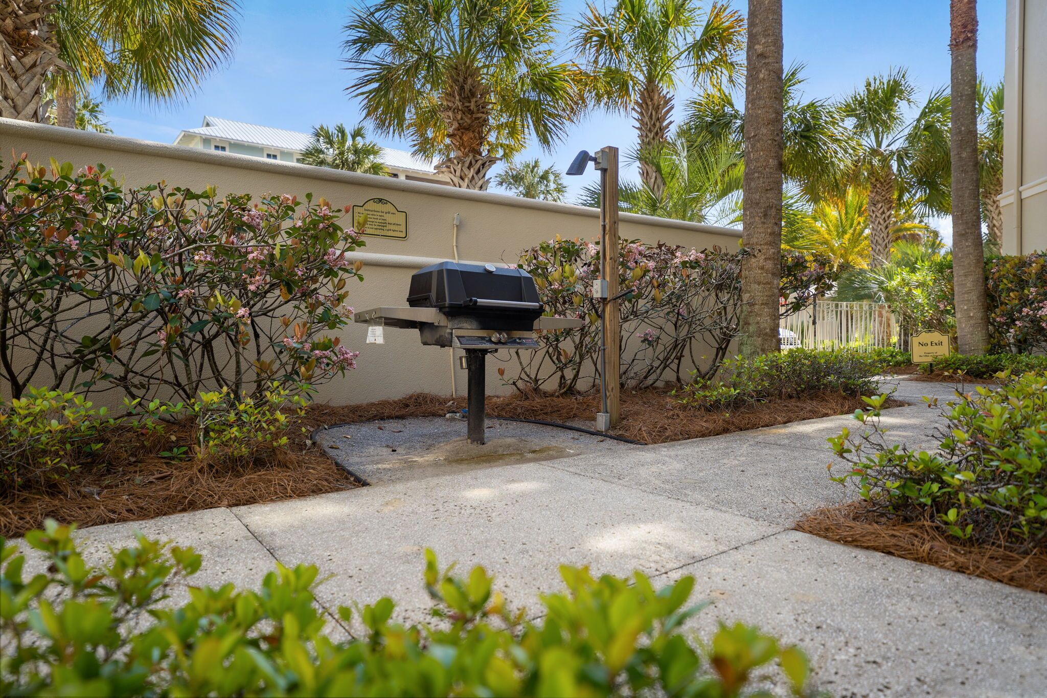A barbecue grill in a landscaped outdoor area with palm trees and a fence.
