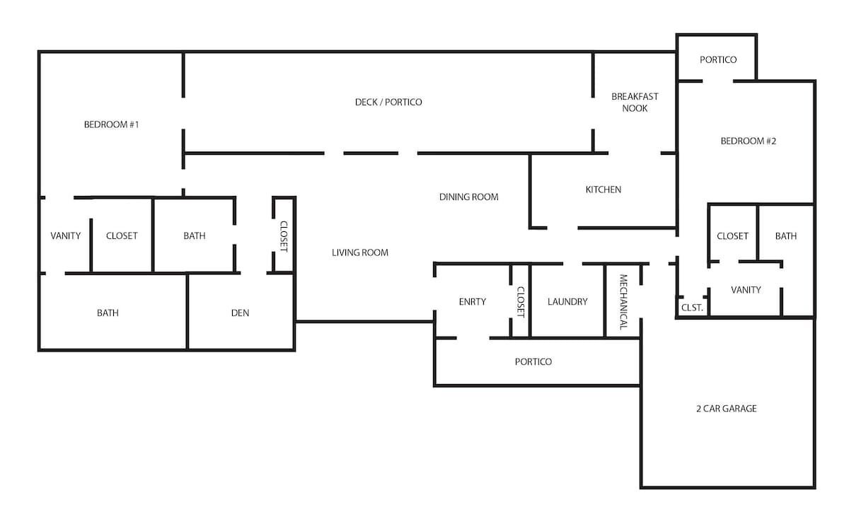 En planritning med två sovrum, ett matrum, kök, vardagsrum, tvättstuga och ett garage med plats för två bilar.