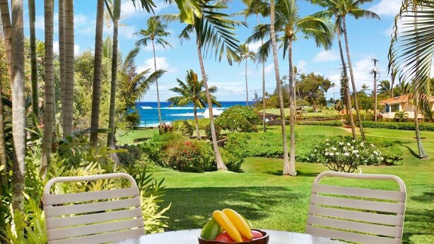Tropische omgeving buiten met een tafel en stoelen, een fruitschaal en uitzicht op de oceaan en palmbomen.