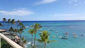 Vista costera con cielo despejado, palmeras y numerosos barcos en el agua.
