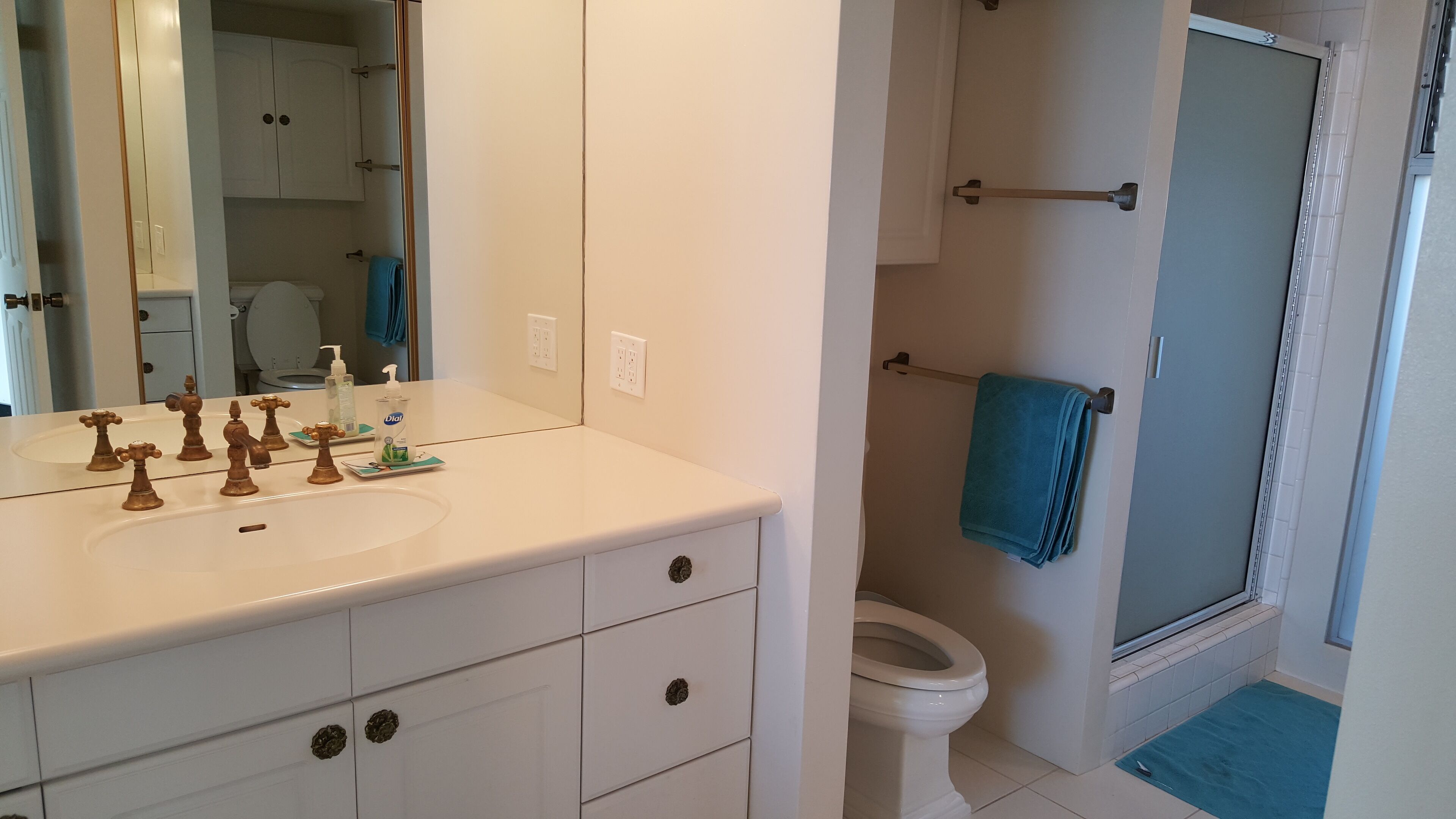 A bathroom with a white sink, a toilet, and a shower area.