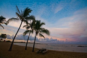 Relax on the sandy shore with a bench for a tranquil retreat.