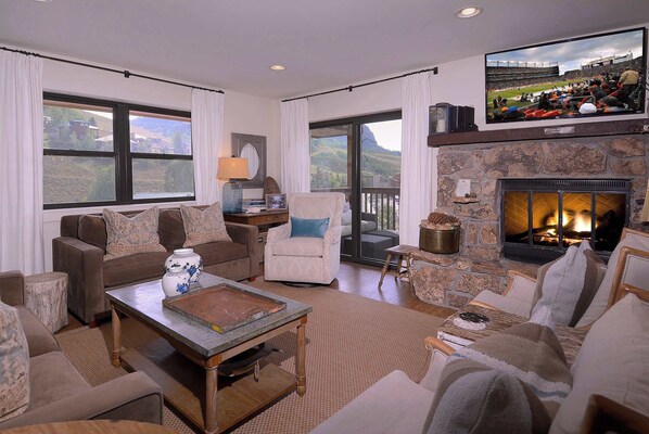 TV, fireplace, DVD player, books