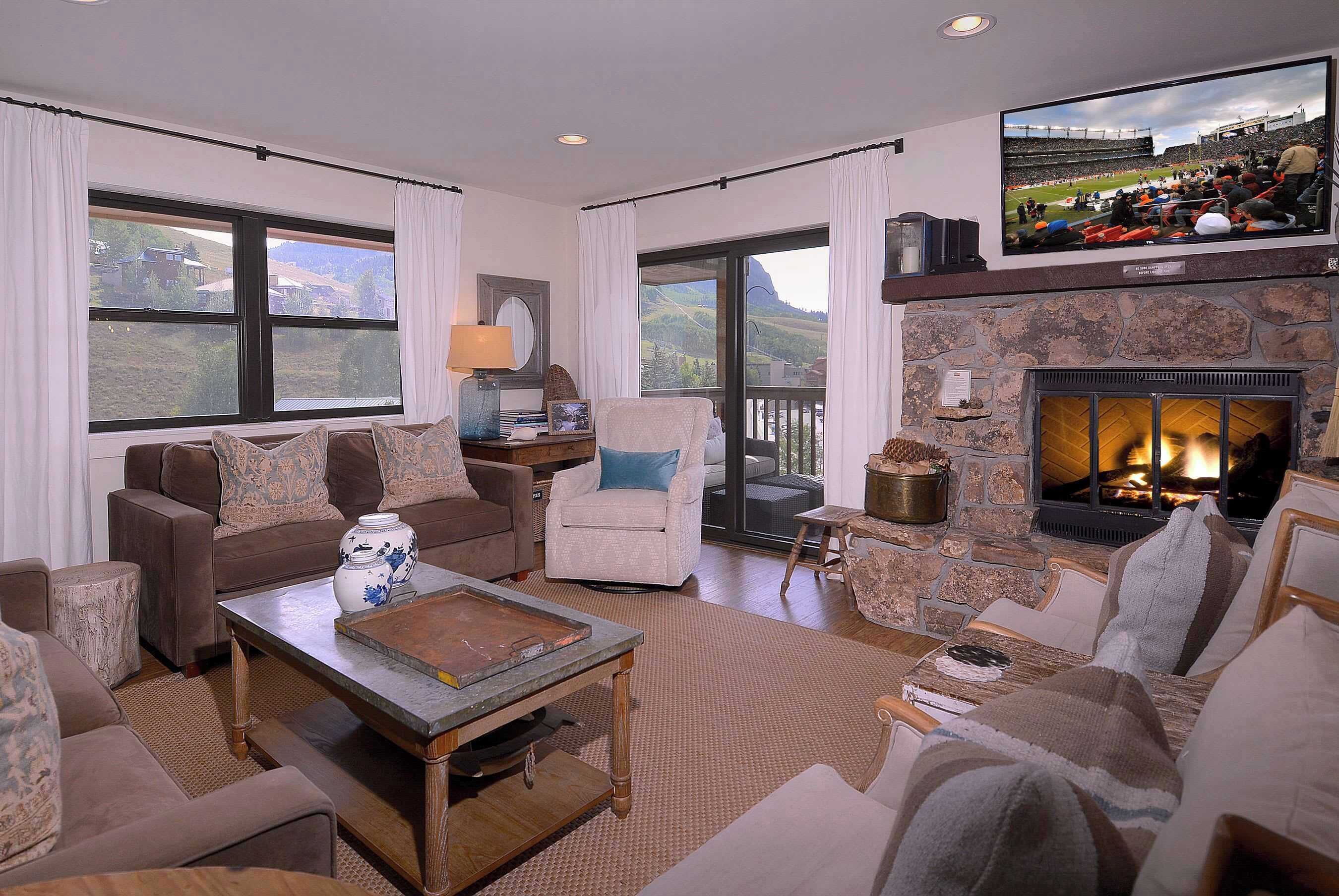 TV, fireplace, DVD player, books