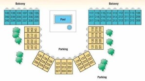 A hotel layout with two balconies, a pool, and parking areas. - 217 Breakers- Direct Oceanfront with Pool & Kiddy Pool (Hilton Head Island)