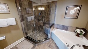 Shower, jetted tub, hair dryer, towels