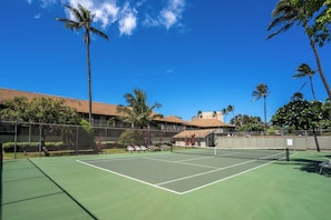 A tennis court with a net, surrounded by a fence, palm trees, and a building with a red roof in the background.