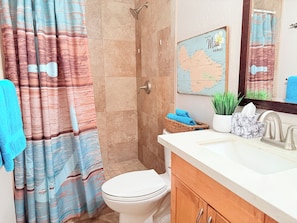 A bathroom with a shower, toilet, and sink area.