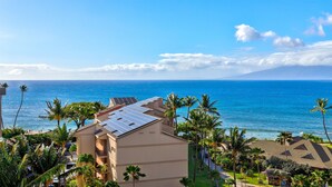 Un hotel con paneles solares en el techo, vista al océano y palmeras.