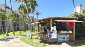 A beachside kiosk with a signboard advertising beach gear rentals, surrounded by palm trees and a building in the background.