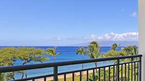 Ein Balkon mit Blick auf das Meer und Palmen.