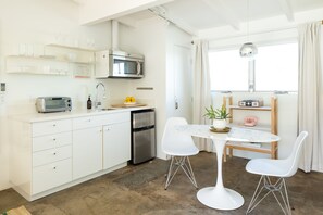Fridge, microwave, coffee/tea maker, toaster