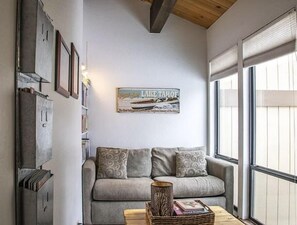 TV, fireplace, books, stereo