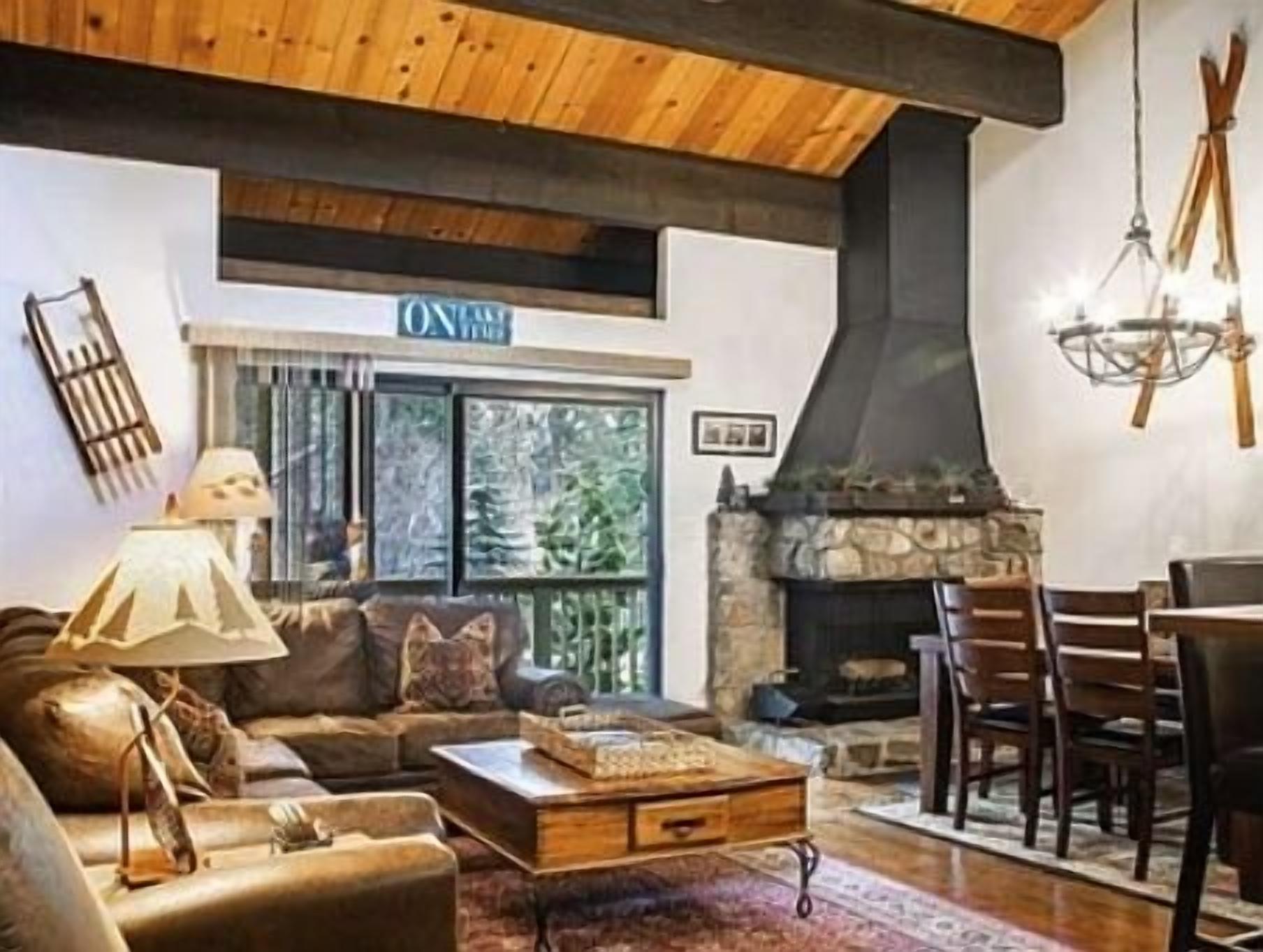 TV, fireplace, books, stereo